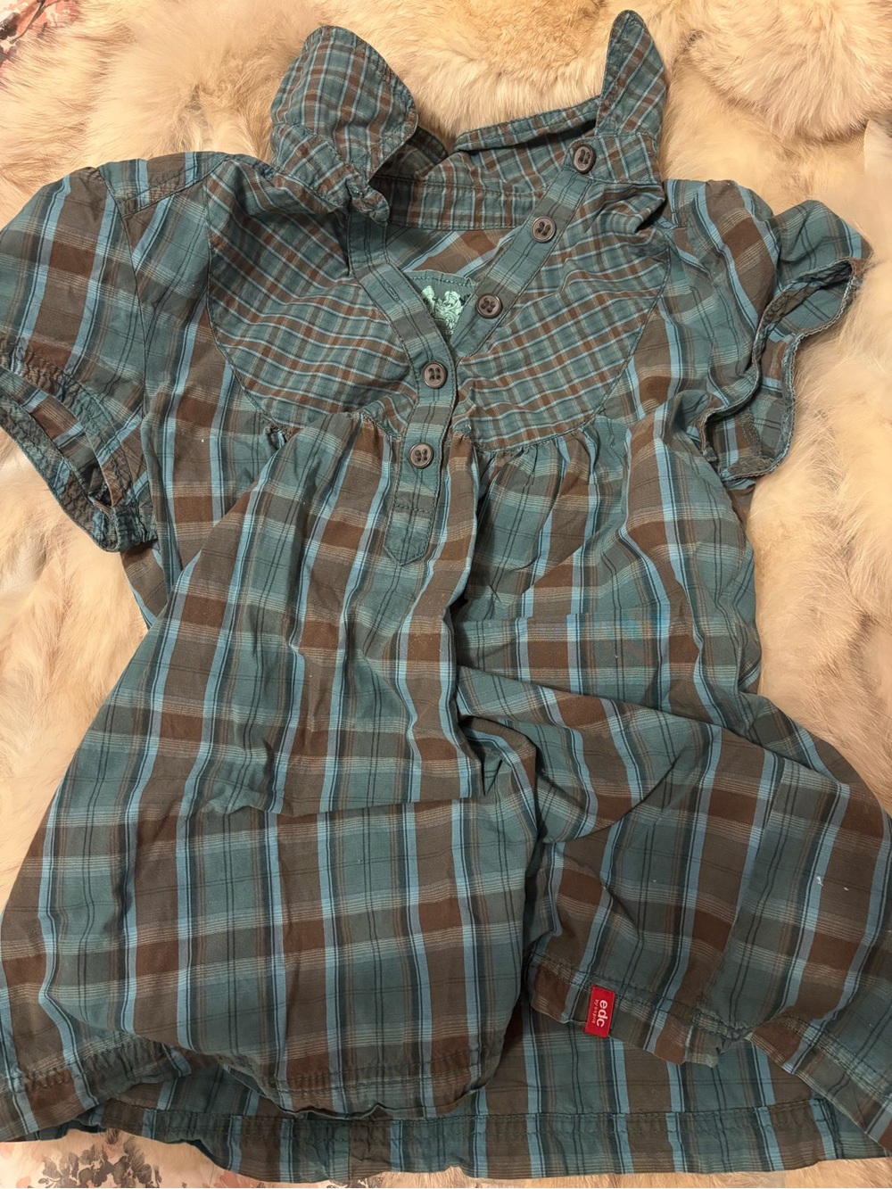 Vintage EDC Espirit Y2K Blue and Brown Plaid Short-Sleeve Top